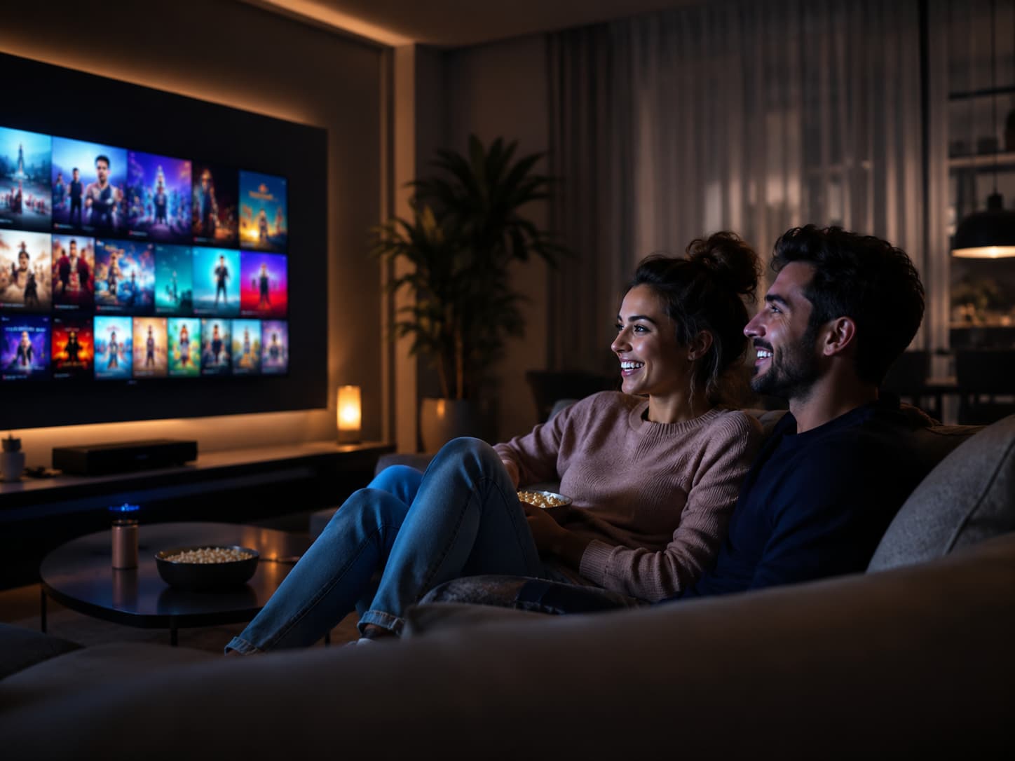 A portrait of a happy diverse couple in their modern, dark-themed living room, enjoying a high-quality streaming experience. The scene captures the vivid colors reflected on their faces, highlighting the crisp visual quality of the service. High-end IPTV lifestyle vibes.