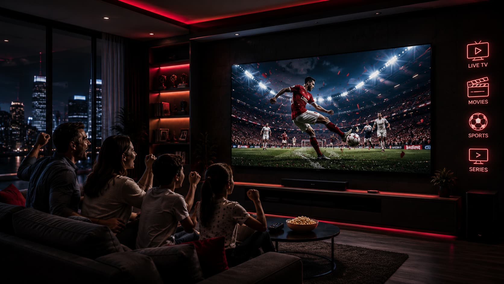 A grand cinematic background of a high-tech home theater setup with a family laughing while watching a vibrant, high-definition sports event. The room is dark, lit only by the colorful glow of the screen. Deep blacks and vibrant red accents create a high-contrast, premium streaming aesthetic.